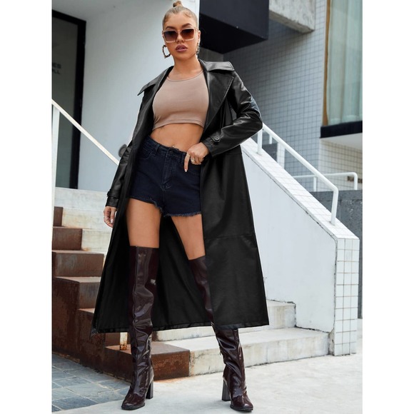 Belted Vegan Leather Longline Trench Coat black - Picture 5 of 5